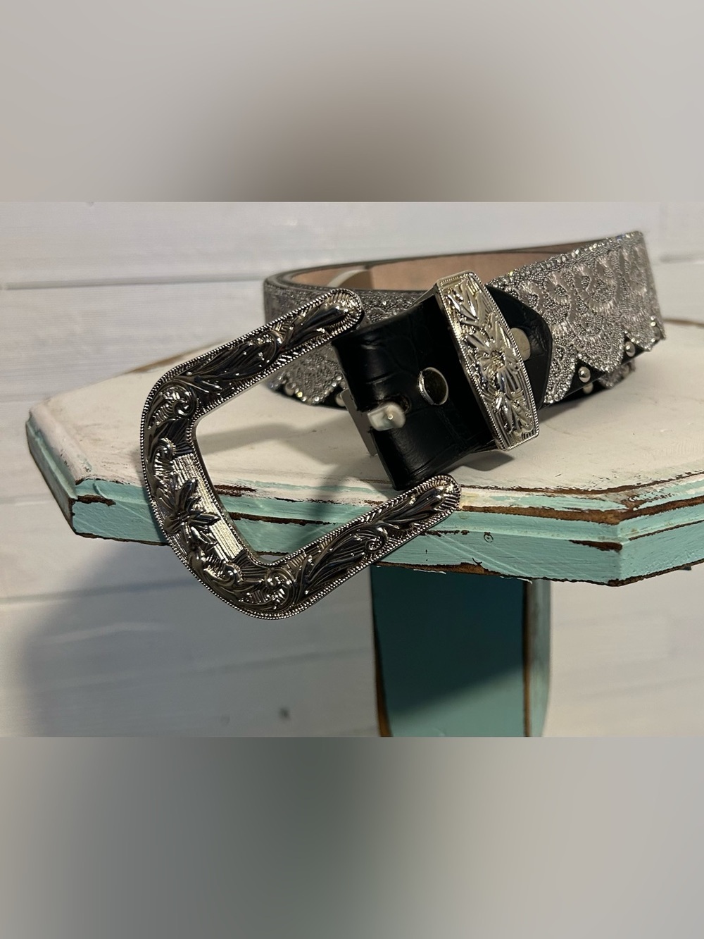 Angel Ranch black leather belt with lace print. Western looking, women’s size XL